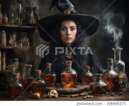 Portrait of a woman witch in dima with potions. Portrait of a woman witch in dima with potions. 106666371