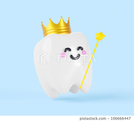 Tooth fairy, cartoon kawaii character in golden crown and magic wand with star 3d render icon. Cute teeth with magician stick for children dental clinic isolated on blue background. 3D illustration Tooth fairy, cartoon kawaii character in golden crown and magic wand with star 3d render icon. Cute teeth with magician stick for children dental clinic isolated on blue background. 3D illustration 106666447