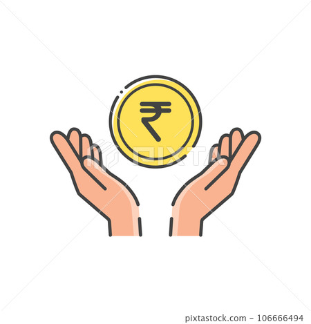 A simple coin with the letter ₹ and a human hand icon - Indian money/Rupee/Indian 106666494
