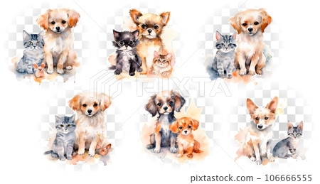 Cat and dog in a watercolor style. Illustration on a transparent background. 106666555