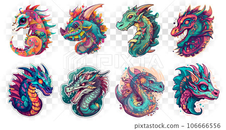 Set of dragons in a watercolor style. Illustration on a transparent background. 106666556