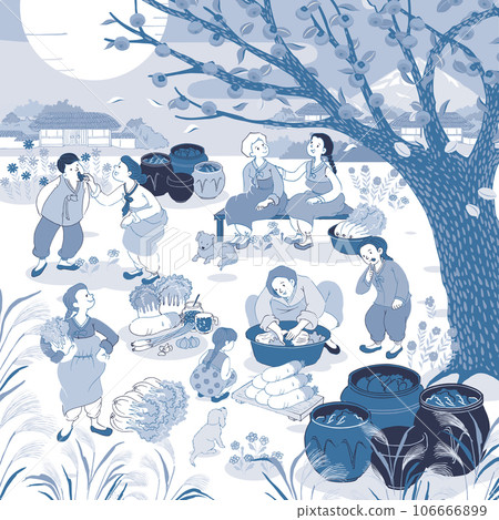 Autumn in Korea, the "Kimchi-making Day". Vector illustration icons set of Korean town people and family Making Kimchi. Autumn in Korea, the "Kimchi-making Day". Vector illustration icons set of Korean town people and family Making Kimchi. 106666899