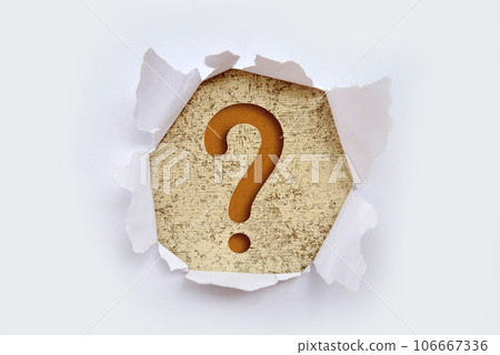 Torn out white paper with question mark symbol. White torn paper revealing question mark symbol on Pink paper. Torn out white paper with question mark symbol. White torn paper revealing question mark symbol on Pink paper. 106667336