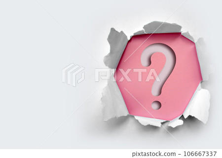 Torn out white paper with question mark symbol. White torn paper revealing question mark symbol on Pink paper. Torn out white paper with question mark symbol. White torn paper revealing question mark symbol on Pink paper. 106667337