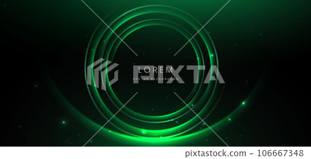 Abstract technology futuristic neon circle glowing green light lines with speed motion blur effect on dark green background. Abstract technology futuristic neon circle glowing green light lines with speed motion blur effect on dark green background. 106667348