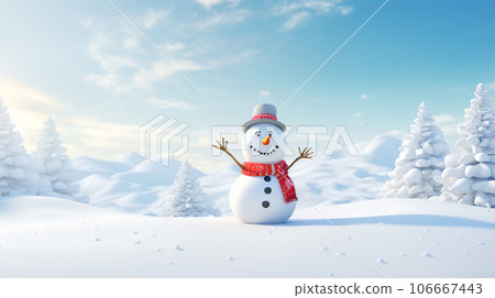 A snowman wearing a hat with trees in the background. Snowman on landscape covered with snow in winter season. A snowman wearing a hat with trees in the background. Snowman on landscape covered with snow in winter season. 106667443
