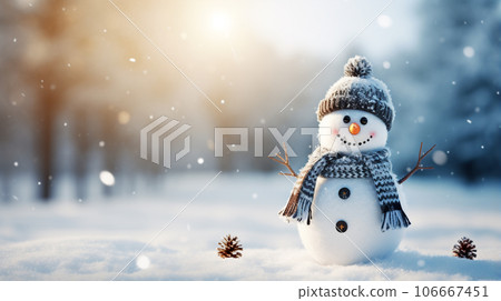 A snowman wearing a hat with trees in the background. Snowman on landscape covered with snow in winter season. 106667451