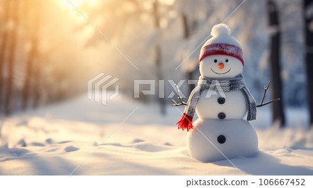 一個戴著帽子的雪人，背景是樹木。冬季景觀上的雪人被雪覆蓋。 106667452