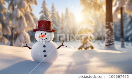 一個戴著帽子的雪人，背景是樹木。冬季景觀上的雪人被雪覆蓋。 106667455