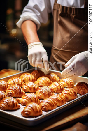 Male chef hands preparing and decorating croissants. 106667537