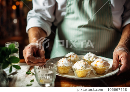 Male chef hands preparing and decorating cupcakes. 106667538