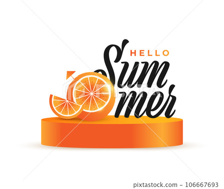 Summer Festive Background with Realistic Oranges on 3D Podium. Summer Time Background for Banner or Poster Design. Hello Summer Design 106667693
