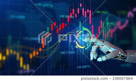 Ai Robot hand touching forex charts and diagrams stock market display on board. Investment and trading on stock market with Artificial Intelligence concept. Ai Robot hand touching forex charts and diagrams stock market display on board. Investment and trading on stock market with Artificial Intelligence concept. 106667864