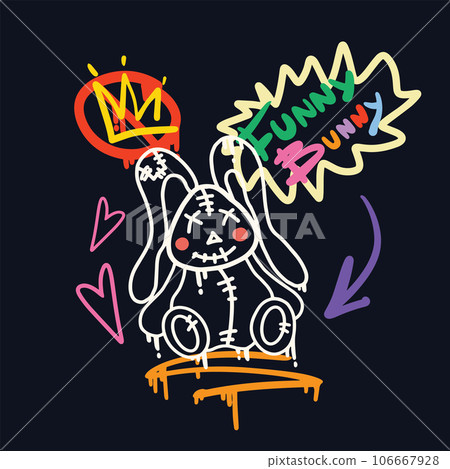 Graffiti Slogan Funny Bunny Doll with White Rabbit in street art style. Neon Urban style Poster. Vector illustration. Hippie Sticker for T-Shirts, Wallpaper, Case Phone. Graffiti Slogan Funny Bunny Doll with White Rabbit in street art style. Neon Urban style Poster. Vector illustration. Hippie Sticker for T-Shirts, Wallpaper, Case Phone. 106667928
