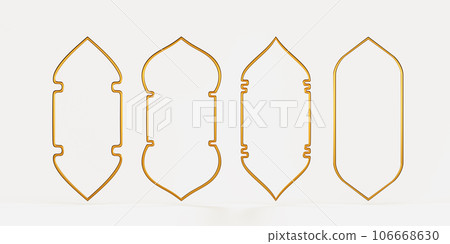 Islamic or arabic gold frames, windows 3d render icon set. Golden geometric shapes in oriental style, architecture borders, design elements for muslim holidays isolated on background. 3D illustration 106668630