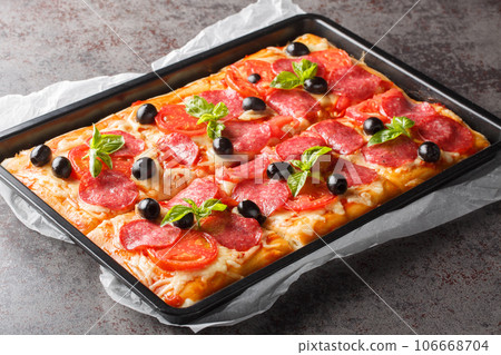 Italian fast food rectangular pizza with mozzarella, salami sausage, olives and tomatoes close-up in a baking sheet. horizontal 106668704