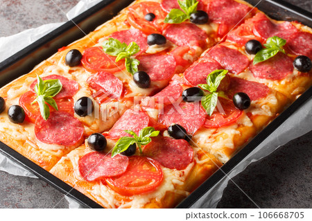 Freshly baked rectangular pizza with cheese, salami, olives and tomatoes close-up in a baking tray. horizontal Freshly baked rectangular pizza with cheese, salami, olives and tomatoes close-up in a baking tray. horizontal 106668705