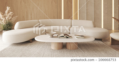Boho beige livingroom with illuminated panels and decor - carpet background. Light modern japanese nature view. Horizontal banner panoramic background. 3d rendering. High quality 3d illustration Boho beige livingroom with illuminated panels and decor - carpet background. Light modern japanese nature view. Horizontal banner panoramic background. 3d rendering. High quality 3d illustration 106668753