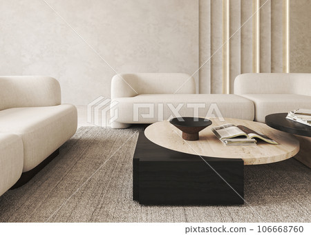 Boho beige livingroom with illuminated panel, book and decor - carpet background. Light modern japanese nature view. 3d rendering. High quality 3d illustration 106668760