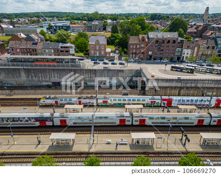 Halle, Flemish Brabant Region, Belgium, 01 05 2023, aerial view of the railway station in the city 106669270