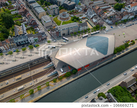 Halle, Flemish Brabant Region, Belgium, 01 05 2023, aerial top down view of the railway station and 106669271