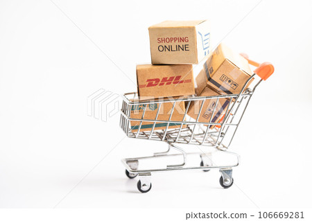 Bangkok, Thailand September 26, 2022 Shopping cart with DHL Amazon and FedEx express packing box, import export online exchange investment business. Bangkok, Thailand September 26, 2022 Shopping cart with DHL Amazon and FedEx express packing box, import export online exchange investment business. 106669281