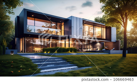 Modern house exterior day light with lawn grass , generated AI  106669463