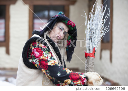 Baba Yaga. Fairy tale character evil grandmother from Russian fairy tale. Halloween costume. Baba Yaga. Fairy tale character evil grandmother from Russian fairy tale. Halloween costume. 106669506