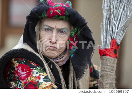 Baba Yaga. Fairy tale character evil grandmother from Russian fairy tale. Halloween costume. Baba Yaga. Fairy tale character evil grandmother from Russian fairy tale. Halloween costume. 106669507