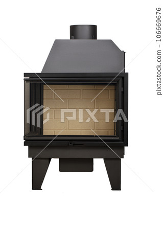 Modern fireplaces for heating from metal and heat-resistant glass. Boiler for solid fuel isolated on white background. Modern fireplaces for heating from metal and heat-resistant glass. Boiler for solid fuel isolated on white background. 106669676