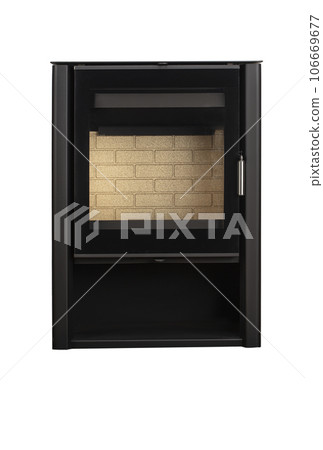 Modern fireplaces for heating from metal and heat-resistant glass. Boiler for solid fuel isolated on white background. 106669677