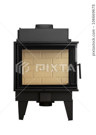 Modern fireplaces for heating from metal and heat-resistant glass. Boiler for solid fuel isolated on white background. 106669678