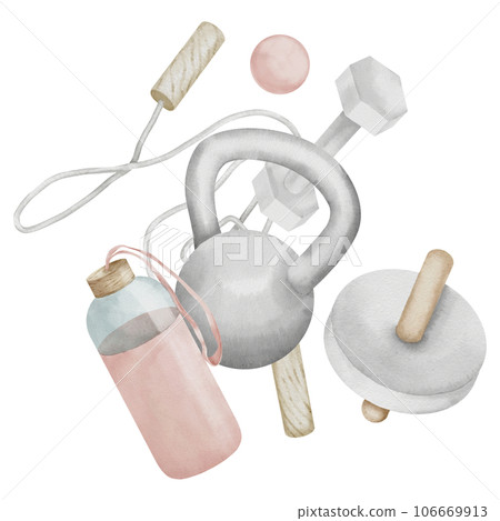 Sports exercise equipment on white isolated background. Hand drawn watercolor Fitness accessories illustration. Drawing of training item for gym logo. Composition of kettlebell and dumbbell. Sports exercise equipment on white isolated background. Hand drawn watercolor Fitness accessories illustration. Drawing of training item for gym logo. Composition of kettlebell and dumbbell. 106669913
