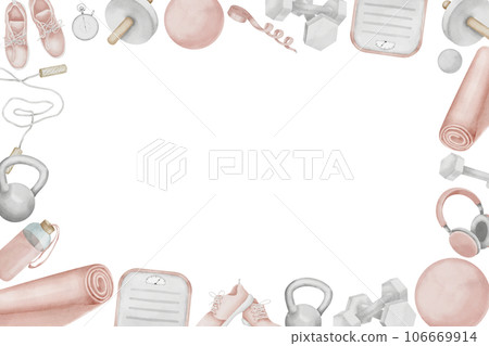 Rectangular Frame of women's Fitness exercise equipment. Hand drawn watercolor illustration of pink Sports accessories on white isolated background. Drawing of template card with blank space for text. Rectangular Frame of women's Fitness exercise equipment. Hand drawn watercolor illustration of pink Sports accessories on white isolated background. Drawing of template card with blank space for text. 106669914