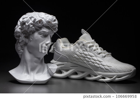 On a dark background, a plaster head of Apollo and a textured white sneaker. On a dark background, a plaster head of Apollo and a textured white sneaker. 106669958