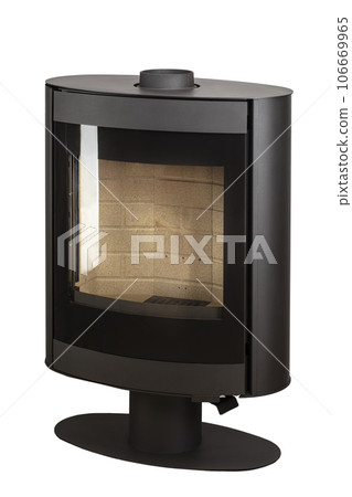 Modern fireplaces for heating from metal and heat-resistant glass. Boiler for solid fuel isolated on white background. Modern fireplaces for heating from metal and heat-resistant glass. Boiler for solid fuel isolated on white background. 106669965