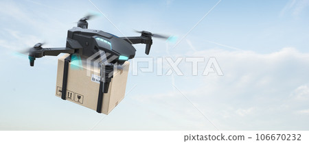 Flying delivery drone  with cardboard box. Express delivery concept. 106670232