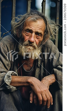 A homeless elderly man sitting by a fence looks into the camera with an expression of deep sadness 106670309