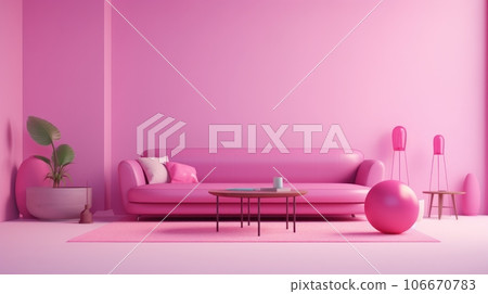 Stylish minimalist interior of modern cozy living room in pink tones. Comfortable trendy couch with cushions, coffee table, houseplant, rug on the floor, many creative details. Mockup, 3D rendering. 106670783