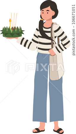 Thai Krathong Festival Illustration. A woman holding Krathong. Loy Krathong Traditional Festival in Thailand 106671051