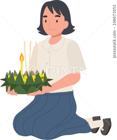 Loy Krathong Traditional Festival. Thai student girl is sitting and hold kratong and prepare to bring Krathong to float in river. 106671052