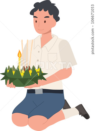 Loy Krathong Traditional Festival. Thai student boy is sitting and hold kratong and prepare to bring Krathong to float in river. 106671053