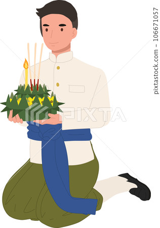 Loy Krathong Traditional Festival. man in Thai traditional dress is sitting and hold kratong and prepare to bring Krathong to float in river. 106671057