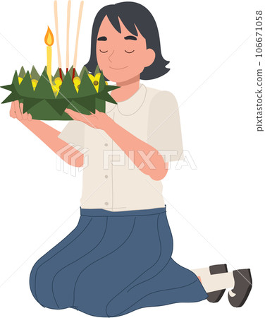 Loy Krathong Traditional Festival. Thai Student girl is sitting and hold krathong up to make a wish before float in river. 106671058