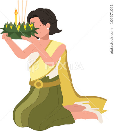 Loy Krathong Traditional Festival. woman in Thai traditional dress is sitting and hold krathong up to make a wish before float in river. 106671061