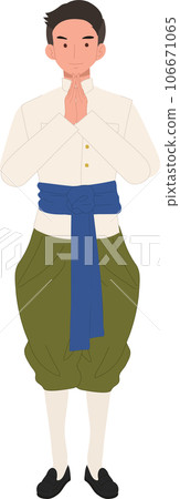 Cultural Diversity concept. Thai Man in Traditional Dress Offering Sawasdee Greeting. Sawasdee Greeting in Thai Tradition. 106671065