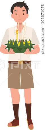 Thai Krathong Festival Illustration. Thai Student boy holding Krathong.   Loy Krathong Traditional Festival in Thailand 106671078