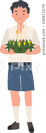Thai Krathong Festival Illustration. Thai Student boy holding Krathong.   Loy Krathong Traditional Festival in Thailand 106671079