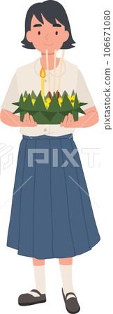 Thai Krathong Festival Illustration. Thai Student girl holding Krathong.   Loy Krathong Traditional Festival in Thailand 106671080