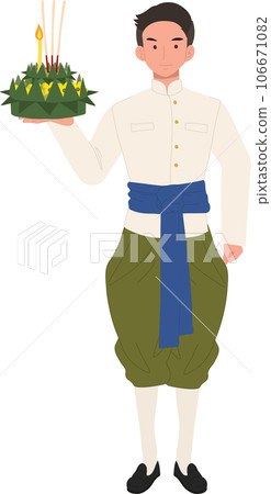 Thai Krathong Festival Illustration. A man in traditional dress holding Krathong. Loy Krathong Traditional Festival in Thailand 106671082